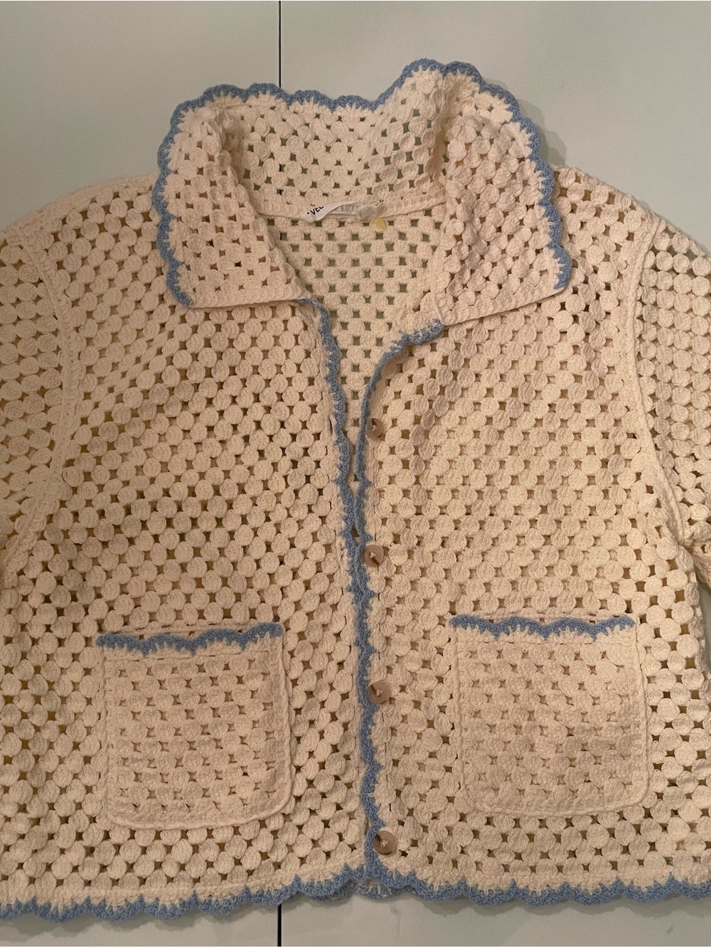 Avec Les Filles Cream Crochet Jacket with Blue Trim